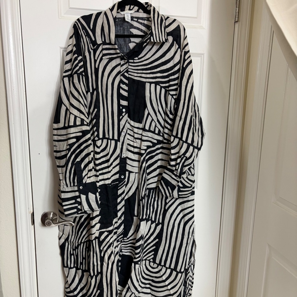 H&M 100% Linen Shirt Dress 3XL Black White Abstract Swirl Long Sleeve Button Up